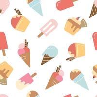 Fondo de helado para niños de patrones sin fisuras cono de helado diseño dibujado a mano en estilo de dibujos animados. uso para impresiones, fondos de pantalla, decoraciones, textiles, ilustración vectorial vector