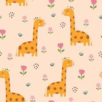 Giraffe with flowers Seamless pattern cute cartoon animal background hand drawn in kid style The design used for Print, wallpaper, decoration, fabric, textile Vector illustration
