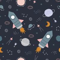 Space background illustration with stars and rocket Seamless vector pattern hand-drawn in cartoon style used for print, wallpaper, decoration, fabric, textile.