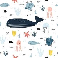Blue whale seamless pattern with marine life Cute Animal Cartoon Backgrounds For Prints, Wallpapers, Garments, Textiles, Vector Illustration