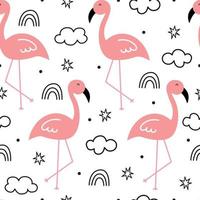 seamless animal pattern flamingos and clouds hand drawn cartoon background in children's style design used for print, wallpaper, cloth, textile, vector illustration