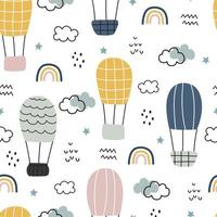 patrón de dibujos animados de fondo transparente globos flotan en el cielo con nubes y arco iris diseño dibujado a mano en estilo infantil. Úselo para impresiones, fondos de pantalla, decoraciones, textiles, ilustraciones vectoriales. vector