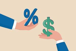 Investment profit earnings, interest rate or dividends percentage, offer discount or sale, income tax or make money concept, businessman hand offer percentage sign with other giving dollar money. vector