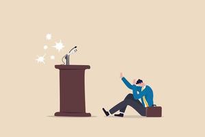 Fear of public speaking, nervous or stress to talk on stage, podium phobia, shy and frightening to give speech to people, fearful nervous businessman sitting hidden behind public speaking podium. vector