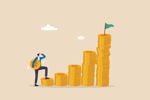 Start invest in stock market, begin savings to achieve financial goal, power of compound interest, collecting wealth, young adult office man carrying money coin start step on compound money stack. vector