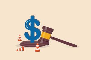 Workers compensation, insurance providing wages replacement, employee injured benefit, legal or law to compensate payment concept, justice gavel with dollar money symbol and accident pylons. vector