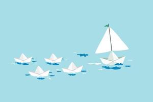 Ser diferente o innovador para ganar competencia empresarial, ventaja competitiva, liderazgo o habilidad para lograr el concepto de éxito, competencia de barcos de papel de origami con un líder de navegación extra innovador. vector
