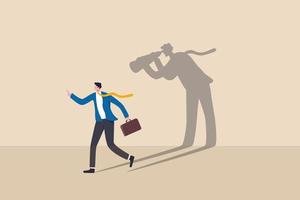 Internet stalker, espionage, online advertising tracking and follow users, spyware, safety, security and privacy issue concept, businessman walking with shadow using spyglass binocular stalking him. vector