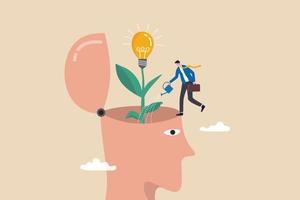 Grow new idea, plant innovative creativity, develop imagination to solve business problem, growth mindset or critical thinking concept, businessman watering seedling plant with lightbulb idea flower. vector