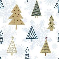 Lindo patrón sin costuras infantil de vacaciones de temporada de invierno con doodle de árbol de Navidad dibujado a mano minimalista escandinavo y copos de nieve en el fondo. hermoso diseño de fondo dulce niños año nuevo vector