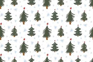 Cute winter seamless pattern background with Christmas tree simple doodles and snowflakes in childish hand drawn style. Seasonal New Year holiday festive backdrop texture, print vector