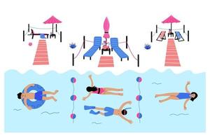 Vacation and social distancing on the summer beach. Isolated places with loungers and umbrellas. vector