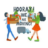 We are moving. Poster with two happy women moving in a new home. vector