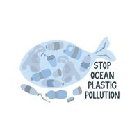 Stop ocean plastic pollution. Lettering and silhouette of whale full of plastic trash vector