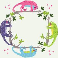 Square frame with cute colorful geckos hanging on the branches. vector