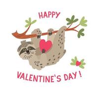 Happy Valentines Day. Quote with a cute sloth hanging on the branch