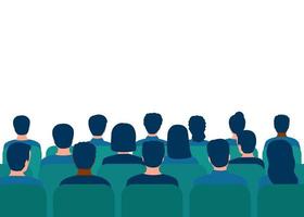 Conference with audience in hall. People spectators. People audience back view. Students on lecture, seminar education. Vector illustration