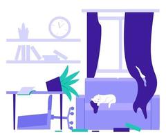 Dirty room at home, chaos in house from cat. Untidy home, clutter. Vector illustration