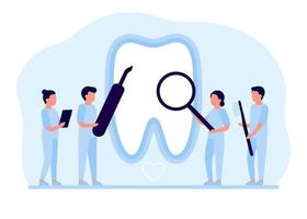 Tooth restoration, repair, dental care. Teeth cleaning, whitening and treatment, checkup by dentist. Oral hygiene. Prevention of dental diseases from dentist. Vector illustration