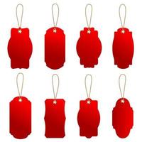 Set of red price or luggage tags of vintage shapes with rope. vector