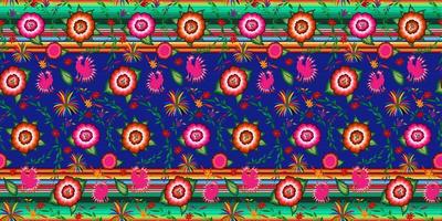 Patrón de bordado floral mexicano transparente, diseño de moda popular de coloridas flores nativas. Bordado de estilo textil tradicional de México, colores rayados, vector aislado sobre fondo azul.