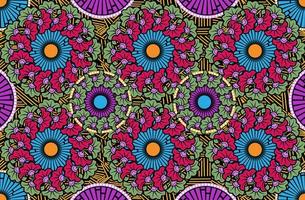 tela de estampado de cera africana, diseño de moda de adornos étnicos hechos a mano, flores étnicas afro y elementos geométricos de motivos tribales. textura colorida del vector, fondo del estilo de ankara de la materia textil de África vector