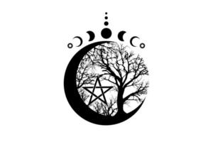 Mystical Moon Phases, tree of life and Wicca pentacle. Sacred geometry. Logo,Triple moon, half moon pagan Wiccan goddess symbol, energy circle, boho style vector isolated on white background