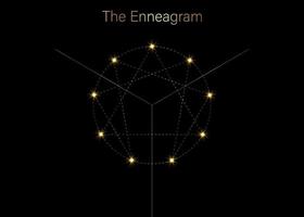 Enneagram icon, golden luxury sacred geometry, diagram logo template, one to nine concerning the nine types of personality, gold dashed line style vector illustration isolated on black background