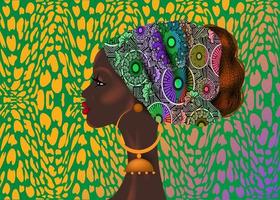 Peinado afro, hermoso retrato de mujer africana en turbante de tela con estampado de cera, concepto de diversidad. Reina negra, corbata étnica para trenzas afro y vector de pelo rizado rizado aislado sobre fondo de colores