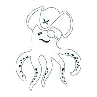 Funny octopus in a pirate cocked hat and bandage isolated on a white background. Marine mammal in the form of a pirate. Handdrawn vector illustration