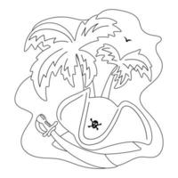 sombrero de pirata con sable y palmeras en el fondo. página para colorear de los niños. ilustración vectorial con objetos aislados en estilo dibujado a mano. libro para colorear para niños vector