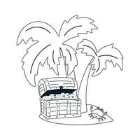 An island with a pirate treasure chest, palm tree and crab. Adventure concept from vector isolated illustrations. Set of elements.