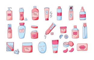 Hand drawn set of beauty skin care products. Korean cosmetic design elements. Collection of colored icons isolated on white background Vector illustration