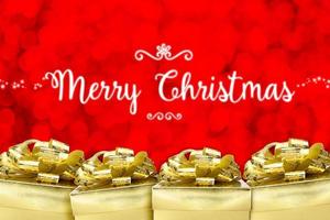 Merry Christmas word with many golden color present with red bokeh light background photo