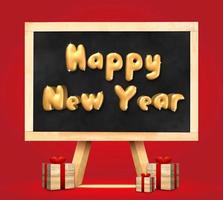 Happy new year and gift box on Blackboard photo