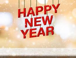 Happy new year red wood text new year on marble table photo