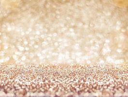 Abstract gold floor and wall glitter blur background studio room with bokeh lights photo