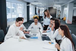 Showing good results. Group of young freelancers in the office have conversation and smiling photo