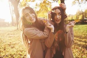 Chicas gemelas morenas jóvenes, bonitas y sonrientes posando, divirtiéndose y jugando con hojas, mientras usan un abrigo informal y están de pie en el parque soleado de otoño sobre fondo borroso