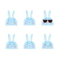 Vector modern set with cute illustrations of bunnies with different emotions. Use it as element for design greeting card, poster, chat messenger cartoon emotes, Social Media post, children game design