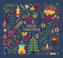 Vector modern colorful set with hand drawn doodle illustrations of christmas objects and lettering. Use it as elements for design greeting cards , poster, card, packaging paper design