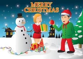 Two kids and snowman giving gifts illustration vector