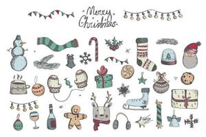 Hand drawn sketch Merry Christmas and Happy New Year set. Big set of Christmas design doodle elements vector