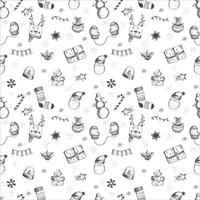 Seamless Christmas vector hand drown pattern. Holiday decorations. Seamless Christmas and New Year pattern. Warm crocheted winter mittens and various sweets.