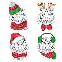 A set of hand-drawn portraits of a tiger in knitted, Christmas hats and scarves. Vintage vector illustration. New Year and Christmas illustration.