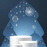 Christmas and new year 3D scene, podium for product display in blue background. vector