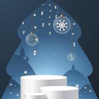 Escena 3d de Navidad y año nuevo, podio para exhibición de productos en fondo azul. vector