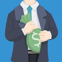 El hombre de negocios guarda un saco de dinero en su traje.anti corrupción. ilustración vectorial plana vector