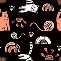 Seamless pattern with cute funny cats. Vector illustration. It can be print and used as wallpaper, packaging, wrapping paper, fabric and etc.