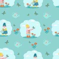 Cute gnomes watering flowers seamless pattern. Vector print in flat style